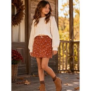 Art Class Girls Floral Corduroy Mini Skirt Brown Pink Size S 6/6X Cotton Stretch
